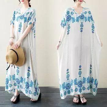 Плюс Размер Женщин Новый Летний Стиль Платье Длинный Рукав V-образный Вырез Цветочный Свободное Платье Белое Льняное Базовое Платье one size белый