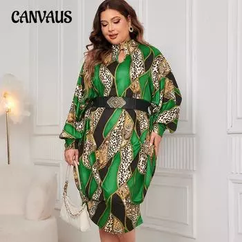 Плюс Размер Женщин Новый Летучая Мышь Рукава Темперамент Длинные Рукава Принтованное Платье XL зелёный