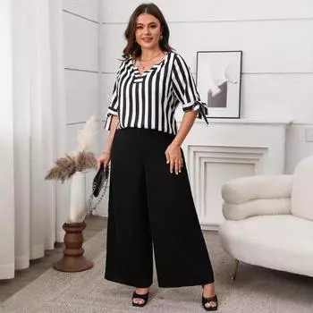 Плюс Размер Женщин Новый Модный Свободный Повседневный Полосатый Топ Широкие Брюки Костюм XL чёрный