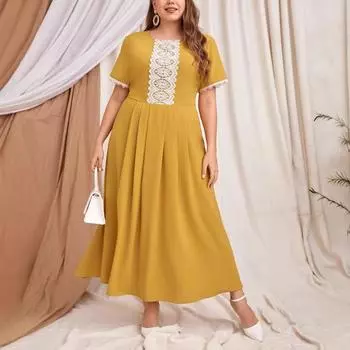 Плюс Размер Женщин Новый Осенний Стиль Элегантный Цвет Коллокации Платье 0XL жёлтый