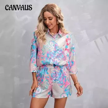 Плюс Размер Женщин Новый Печатный Три Четверти Рукава Шорты Повседневный Костюм S розовый