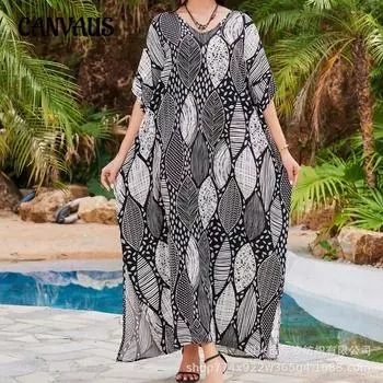 Плюс Размер Женщин Новый Принт Пляжный Свободный Праздничный Платье Бикини Накидка One Size