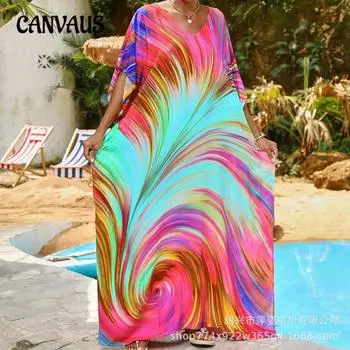 Плюс Размер Женщин Новый Принт Пляжный Свободный Платье Праздничный Бикини Накидка One Size