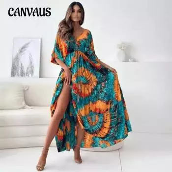 Плюс Размер Женщин Новый Seven Point Рукав Сексуальный Глубокий V Принт Разделение Платье S лиловый