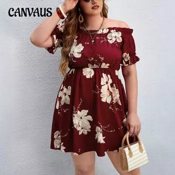 Плюс Размер Женщин Новый Темперамент Принт Платье Эластичный Пояс 1XL бордовый