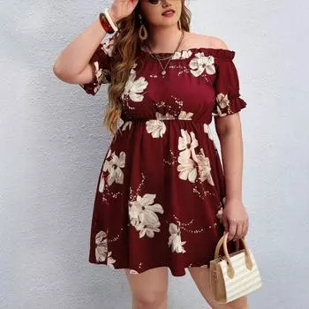 Плюс Размер Женщин Новый Темперамент Принт Платье Эластичный Пояс 1XL бордовый