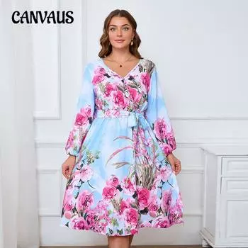 Плюс Размер Женщин Новый Темперамент V-образный вырез Длинный рукав Печатный средней длины Платье 1XL синий