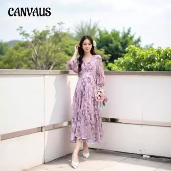 Плюс Размер Женщин Новый V-образный вырез Цветочный А-слово Талия Утягивающее Платье Средней Длины 2XL