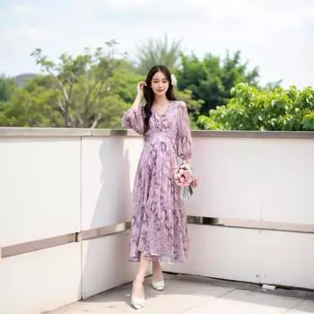 Плюс Размер Женщин Новый V-образный вырез Цветочный А-слово Талия Утягивающее Платье Средней Длины 2XL