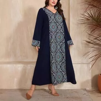 Плюс Размер Женщин Новый Винтаж Дизайн Sense Лоскутный Принт Свободное Платье 0XL темно-синий