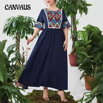 Плюс Размер Женщин Новый Винтажный Принт Лоскутная Эластичная Талия Прикрывает Живот Длинное Платье 0XL темно-синий