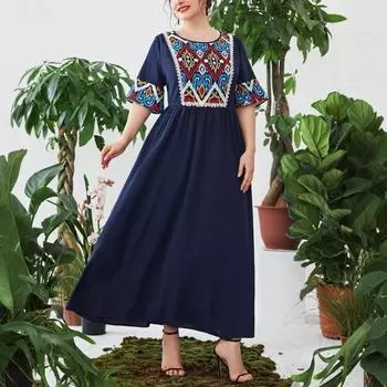 Плюс Размер Женщин Новый Винтажный Принт Лоскутная Эластичная Талия Прикрывает Живот Длинное Платье 0XL темно-синий