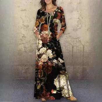 Плюс Размер Женщин О-образный вырез Трикотаж Длинный рукав Длинное платье Цветочный принт Летние повседневные платья S