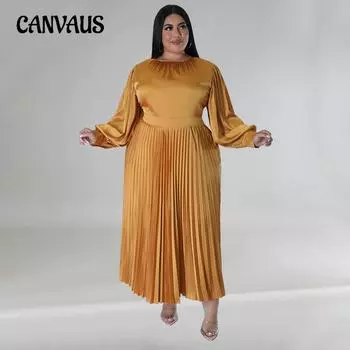 Плюс Размер Женщин Осень Длинный Рукав Платье Давление Плиссировка Круглый Вырез Длинные Платья L зелёный