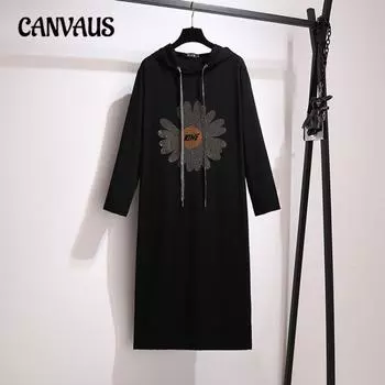 Плюс Размер Женщин Осень и Зима Новое Длинные Рукава Свободное Платье С Капюшоном XL