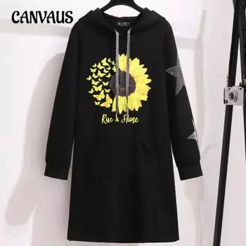 Плюс Размер Женщин Осень и Зима Новое Кашемировое Утолщенное Модное Платье Средней Длины XL чёрный