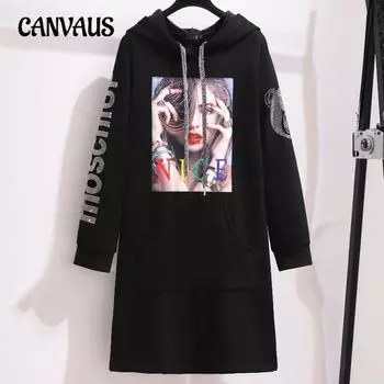 Плюс Размер Женщин Осень и Зима Новое Свободное Средней Длины С Капюшоном и Флисовым Худи Платье XL чёрный