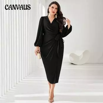 Плюс Размер Женщин Осень Моды Элегантный Простой V-образный Вырез Средней Длины Платье 1XL чёрный