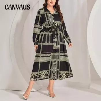 Плюс Размер Женщин Осень Моды Принт Шнуровка Высокая Талия Утягивающий Дизайн Длинное Платье 0XL чёрный