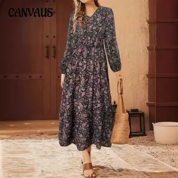 Плюс Размер Женщин Осень Моды Удобный Повседневный Принт V-образный Вырез Длинные Рукава Платье S