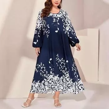 Плюс Размер Женщин Осень Новая Мода Commuter Temperament Print Loose Long Dress 0XL темно-синий