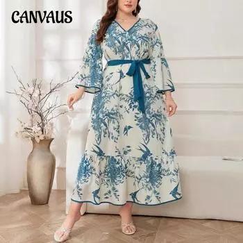 Плюс Размер Женщин Осень Новая Мода Принт Темперамент Пригородный V-образный вырез Swing Средней Длины Платье 0XL синий
