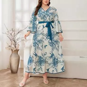 Плюс Размер Женщин Осень Новая Мода Принт Темперамент Пригородный V-образный вырез Swing Средней Длины Платье 0XL синий