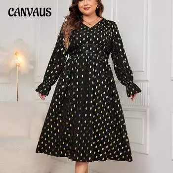 Плюс Размер Женщин Осень Новая Мода Темперамент V-образный вырез Свободный Высокая Талия Печатный Платье XL чёрный