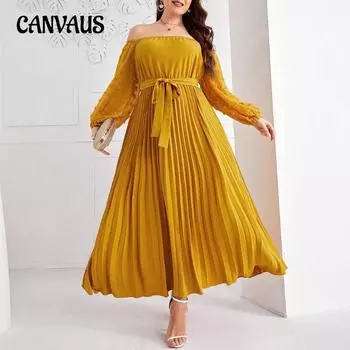 Плюс Размер Женщин Осень Новое Сетчатое Плиссированное Модное Элегантное Длинное Платье 0XL жёлтый