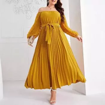 Плюс Размер Женщин Осень Новое Сетчатое Плиссированное Модное Элегантное Длинное Платье 0XL жёлтый