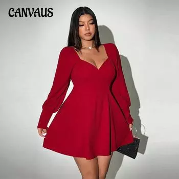 Плюс Размер Женщин Осень Новое Высокая Талия V-образный вырез Расширенный Элегантный Винно-Красный Короткое Платье 1XL бордовый