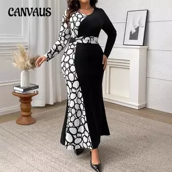 Плюс Размер Женщин Печати Модный Элегантный V-образный Вырез Платье 0XL чёрный