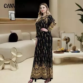 Плюс Размер Женщин Печати Моды Новое Длинное Платье Юбка XL золотой