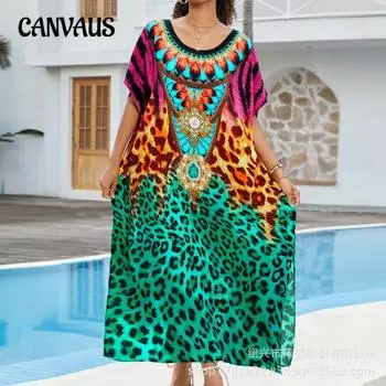 Плюс Размер Женщин Пляжный Принт Платье Свободный Праздник Бикини Накидка One Size