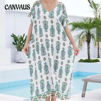 Плюс Размер Женщин Пляжный Принт Свободное Платье Праздничное Бикини Накидка One Size