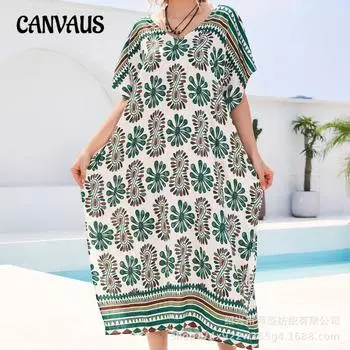 Плюс Размер Женщин Пляжный Принт Свободный Праздничный Платье Бикини Загар Накидка One Size