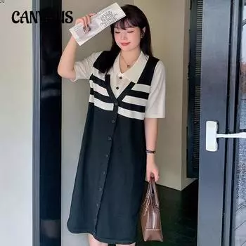 Плюс Размер Женщин Поло Воротник Контраст Цвет Поддельные Два Тонких Трикотажных Платья XL чёрный