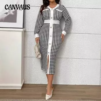 Плюс Размер Женщин Повседневный Длинный Рукав Модный Контрастный Принт Тысяча Птиц Клетчатое Платье 0XL