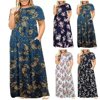Плюс Размер Женщин Повседневный O-образный вырез Платье Лето Короткий рукав Принт Свободный карман Длинное платье L чёрный