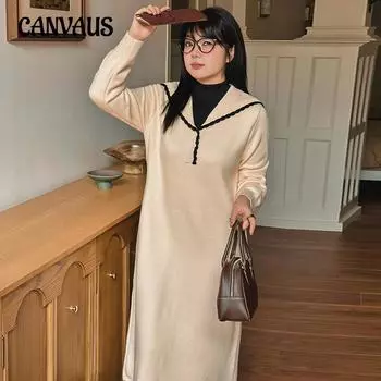 Плюс Размер Женщин Повседневный Прямой Свободный Длинный Осень-Зима Темно-Синий Воротник Платье Трикотажные Платья XL чёрный