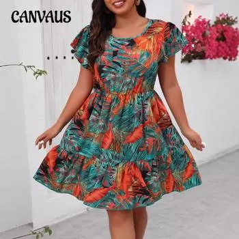 Плюс Размер Женщин Принт Талия Укороченный Короткий Рукав Модные Повседневные Платья 0XL