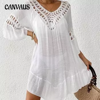 Плюс Размер Женщин Ручной Крючок Цветочная Вышивка Бахрома Сексуальное Открытая Спина Пляжный Бикини Платье Халат M белый
