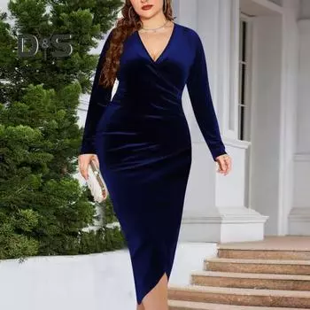 Плюс Размер Женщин Сексуальное Бархатное Платье Глубокий V-образный вырез Длинный Рукав Крест Плиссированное Платье Платье Приталенное Коктейльное Платье Для Вечеринки 5XL чёрный