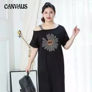 Плюс Размер Женщин Сексуальное Модное Платье С Короткими Рукавами XL чёрный