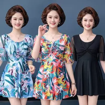 Плюс размер женщин среднего возраста из двух частей Скромный купальник с принтом для контроля живота Платье для плавания Шорты для мальчиков Комплект купальных костюмов с короткими рукавами Горячий весенний купальный костюм L