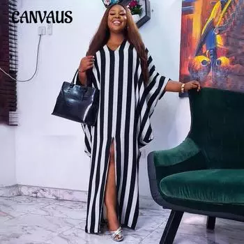 Плюс Размер Женщин Свободный Сексуальный Мода Темперамент Полосатый Нерегулярный Платье L чёрный