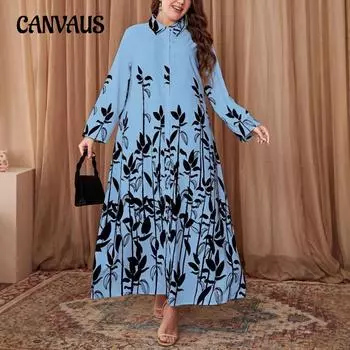 Плюс Размер Женщин Свободный Винтаж Цвет Рубашка Воротник Темперамент Пригородный Литературный Принт Платье 0XL синий