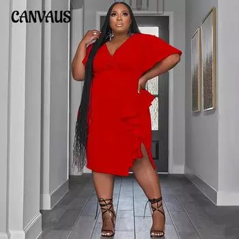 Плюс Размер Женщин Темперамент Однотонный V-образный вырез Оборками Тонкий Сексуальный Платье L розы красного