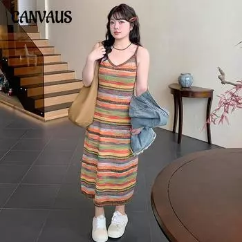 Плюс Размер Женщин V-образный вырез Дизайн Sense Градиент Цвет Полосатый трикотаж Холтер Платье XL