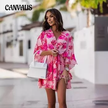 Плюс Размер Женщин V-образный вырез с принтом на талии рукав летучая мышь рукав пять четвертей юбка платье S оранжевый